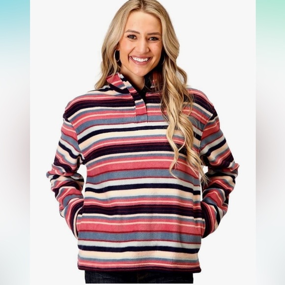 Roper Sweaters - Roper Quarter Button Sweater Fleece Striped Pink and Blue size Small